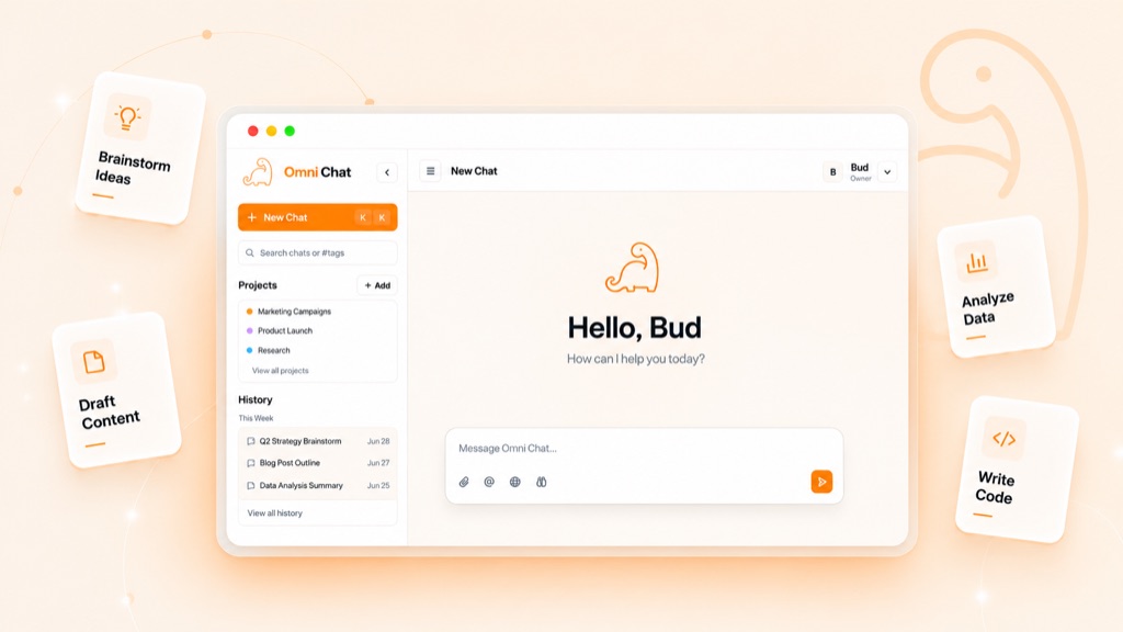 oMNI Chat interface showing projects, chat history, profile cards, and the welcome screen
