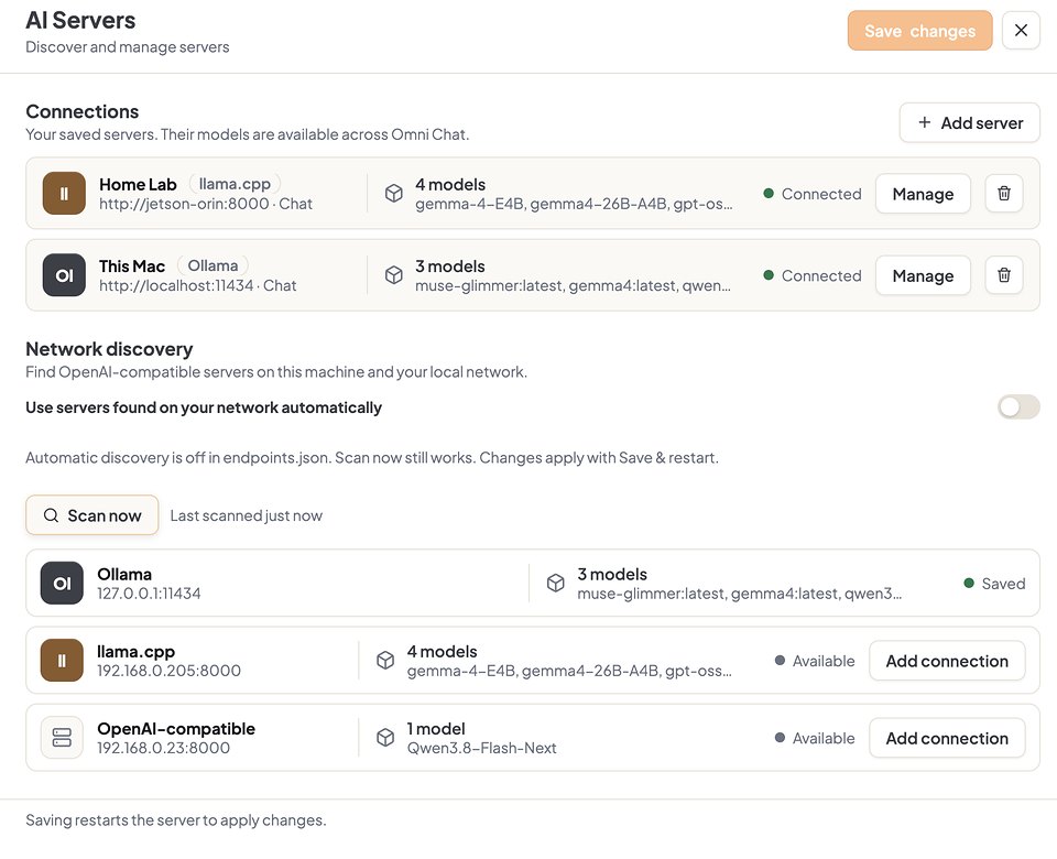 Settings, AI Servers page: saved connections, network discovery, and a Scan now button listing servers found on the network
