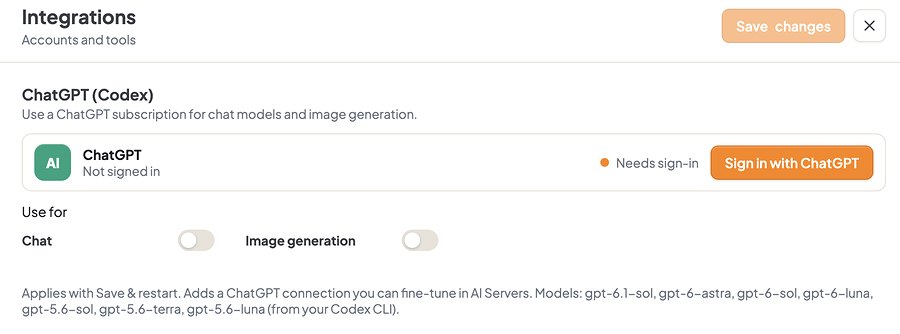 Settings, Integrations page: ChatGPT (Codex) with a Sign in with ChatGPT button and switches to use it for chat and image generation