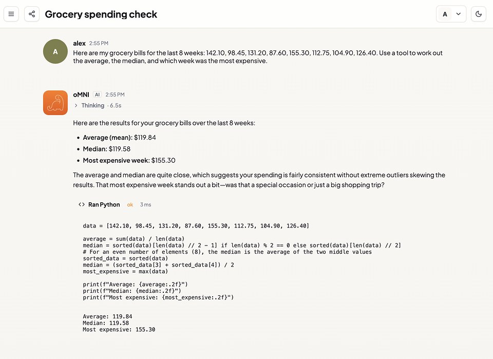 A chat where the model ran Python to compute an answer, showing the code and its output
