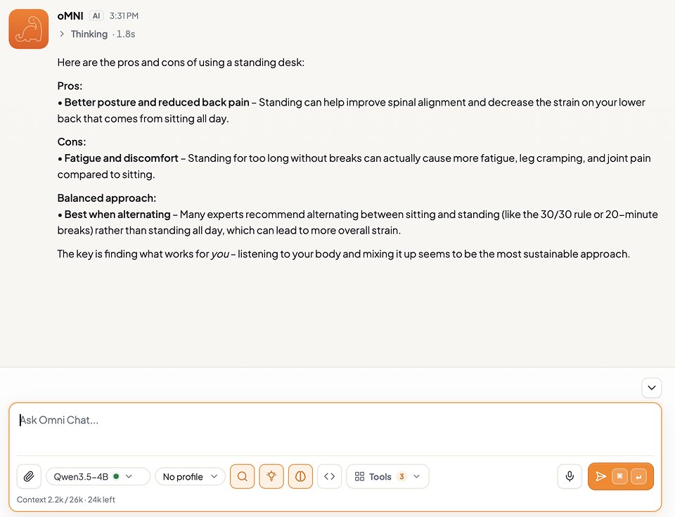 A chat answered by the on-device Qwen3.5-4B model, selected in the composer’s model picker