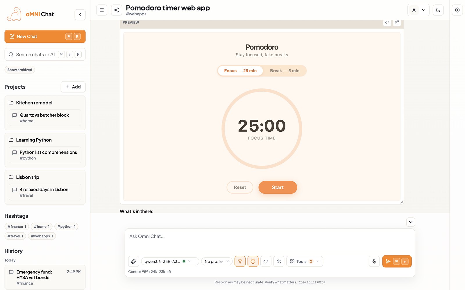 oMNI Chat workspace with projects and chat history beside a live preview of a generated Pomodoro timer