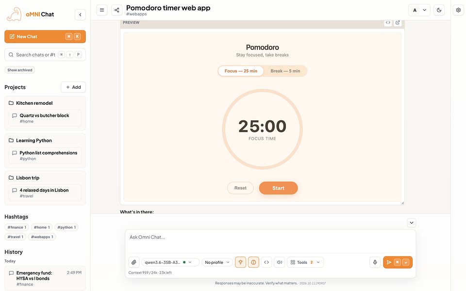 Sidebar with projects and chat history beside a live, sandboxed preview of a Pomodoro timer the model just wrote
