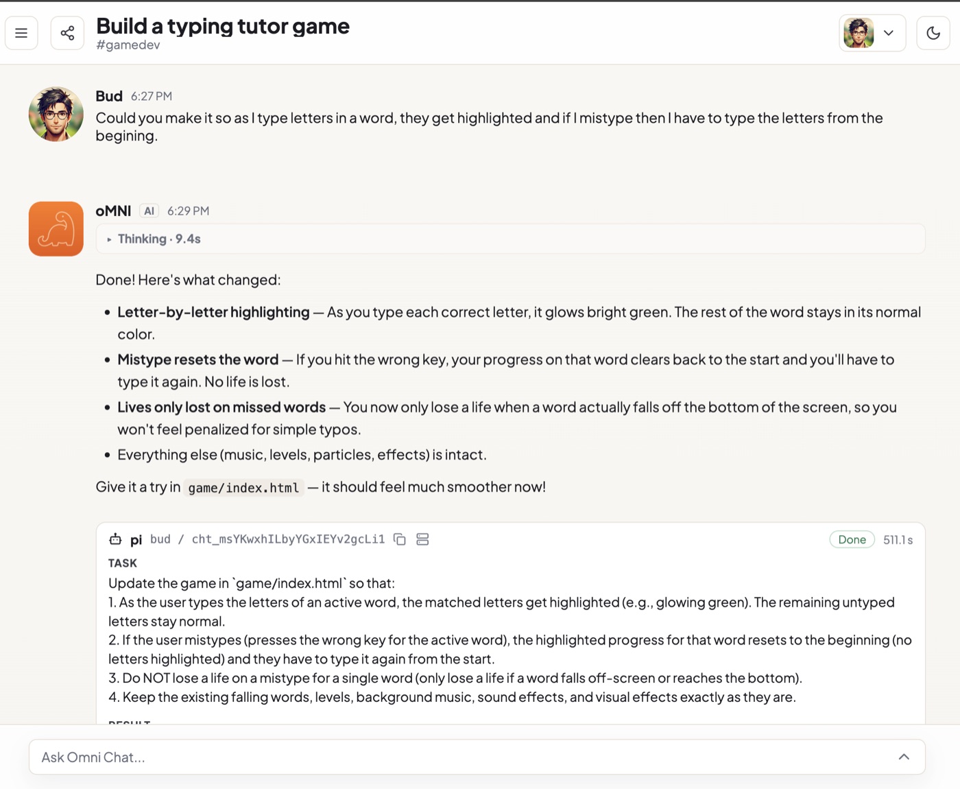 Coding agent handoff card showing a completed task to update a typing tutor game