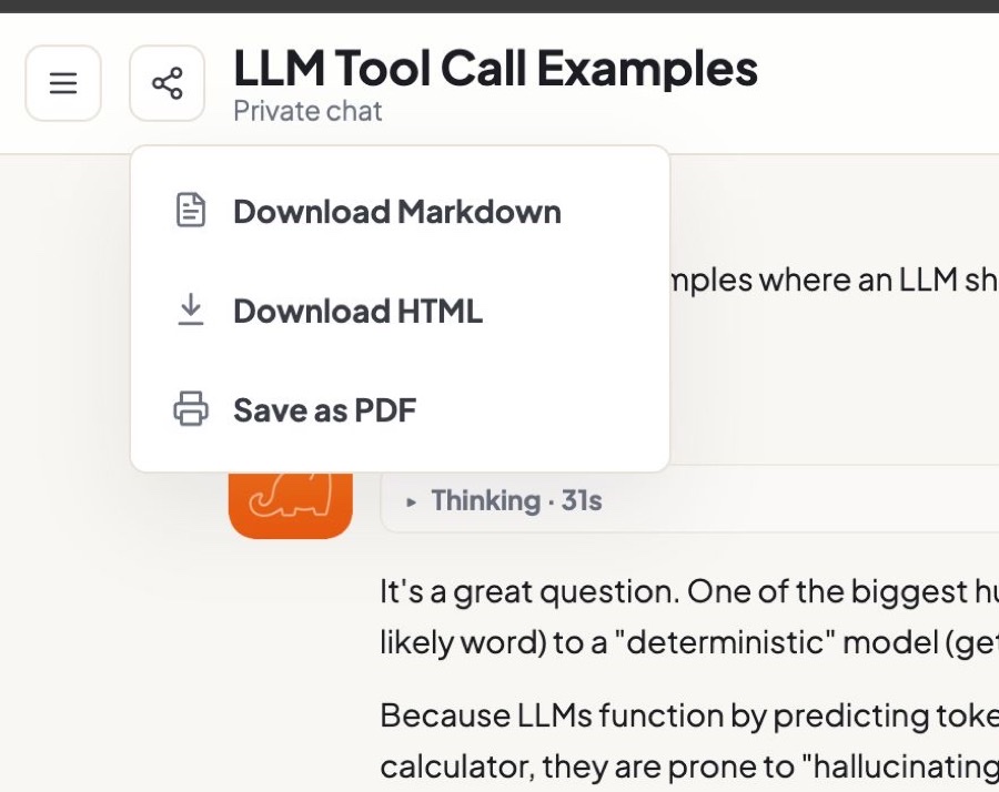 Export menu: Download Markdown, Download HTML, Save as PDF