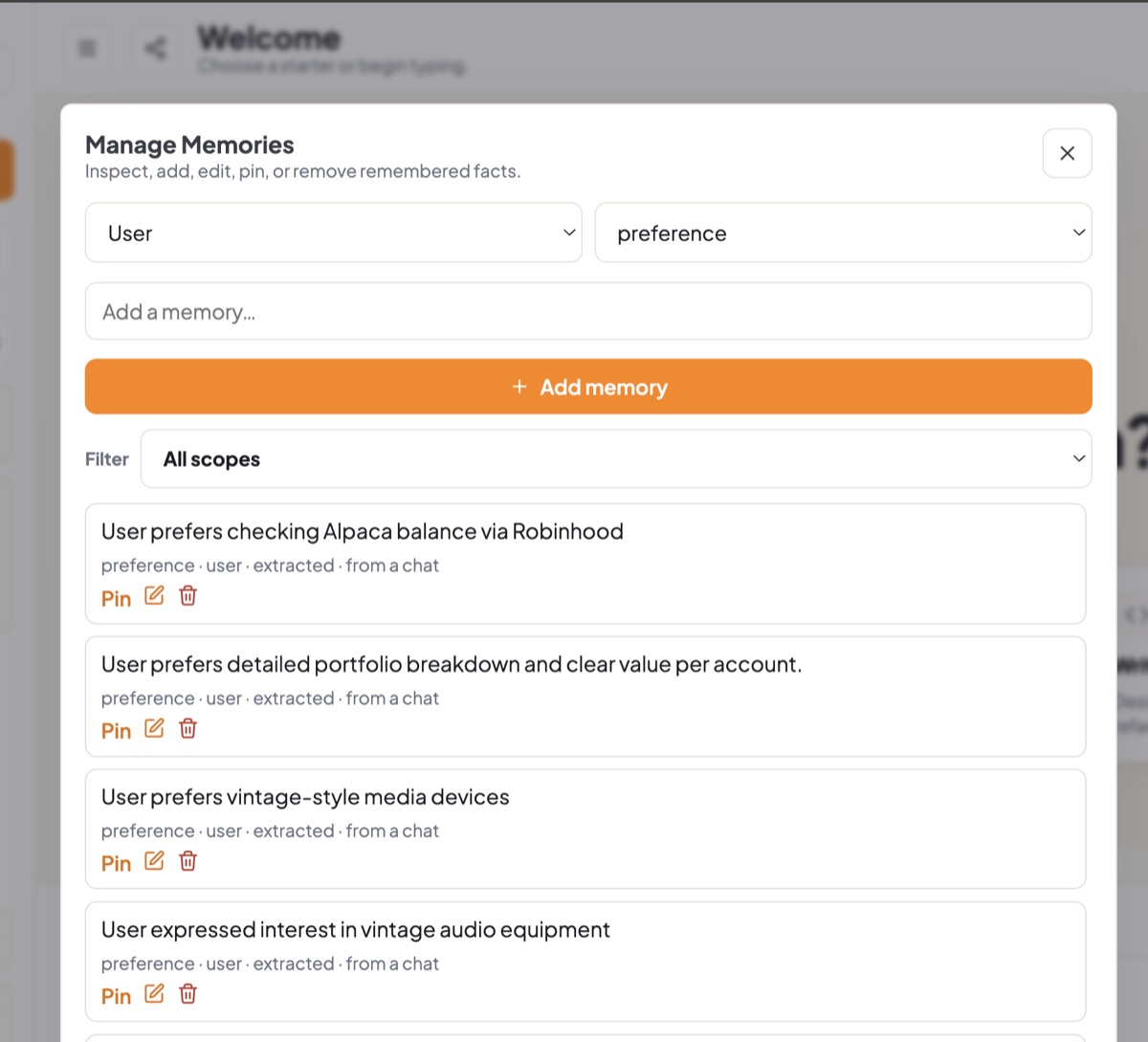 Manage Memories dialog with pinned user preferences extracted from chats