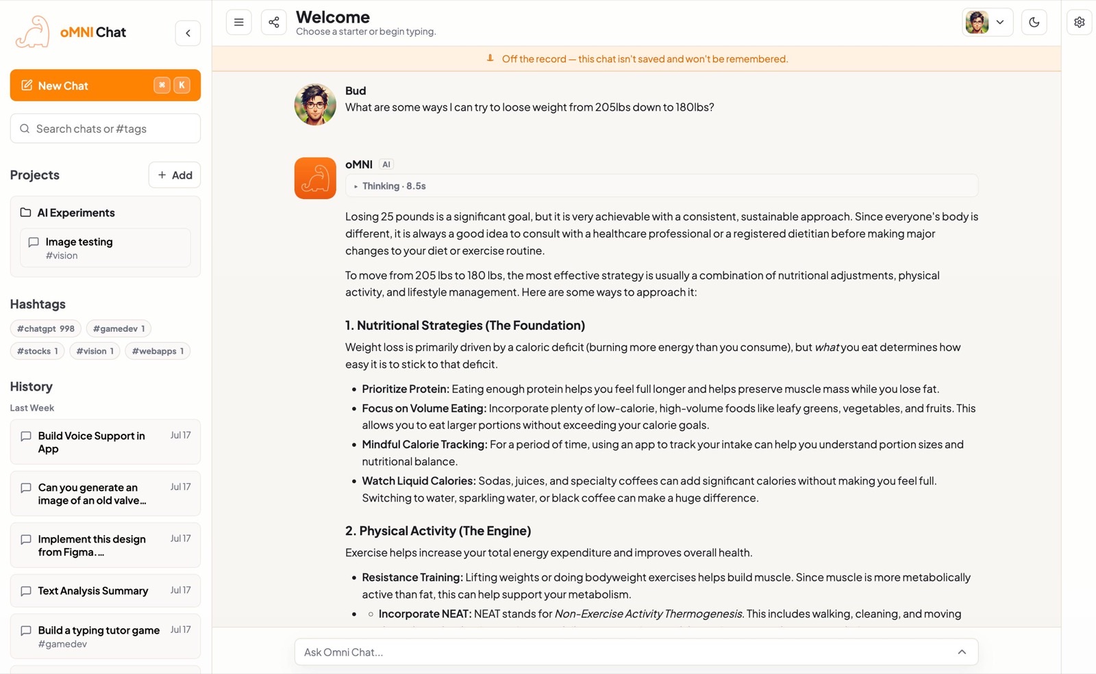 Off-the-record chat mode — conversation is not saved or remembered