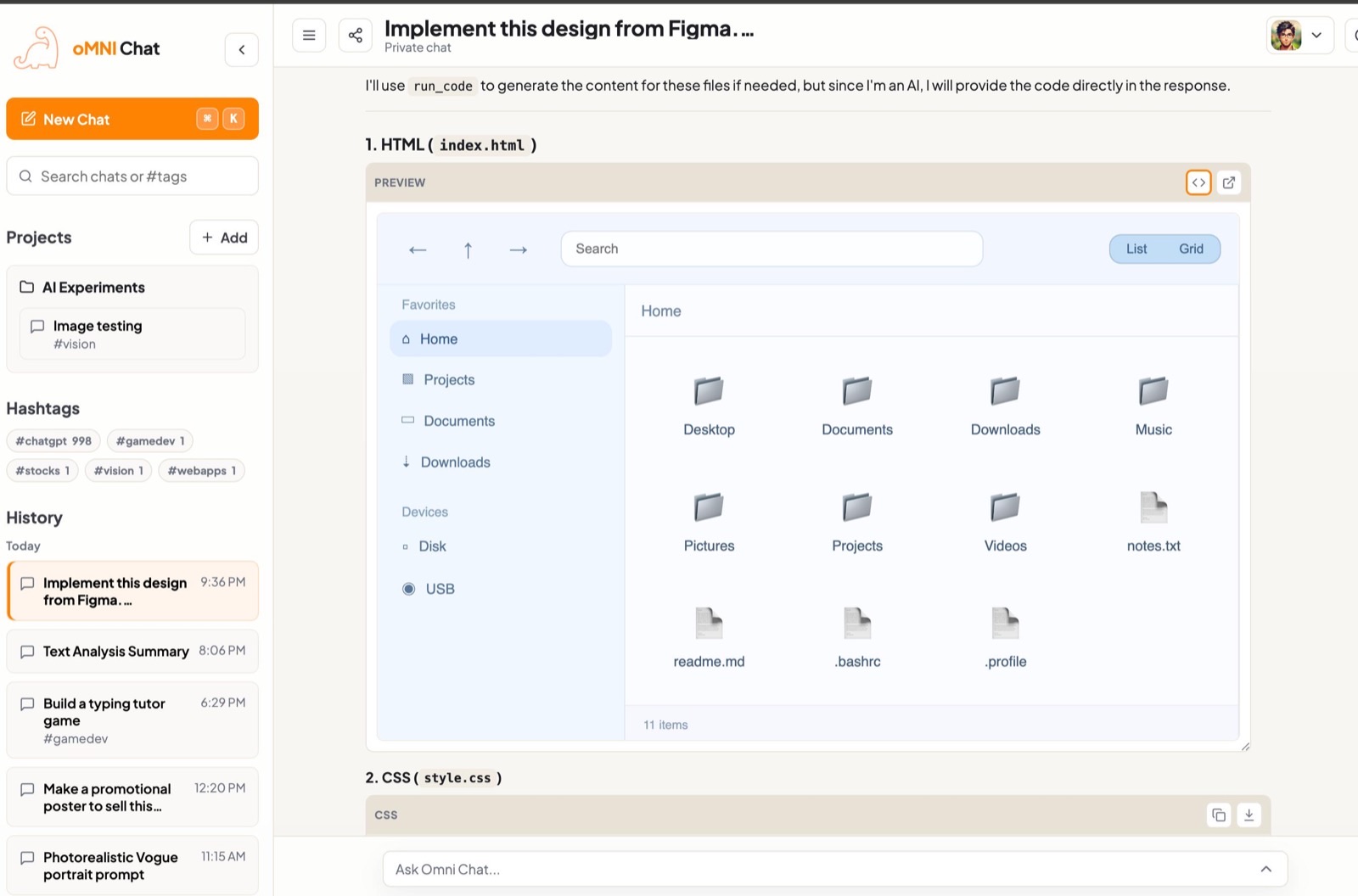 oMNI Chat workspace with projects, hashtags, chat history, and a live HTML code preview